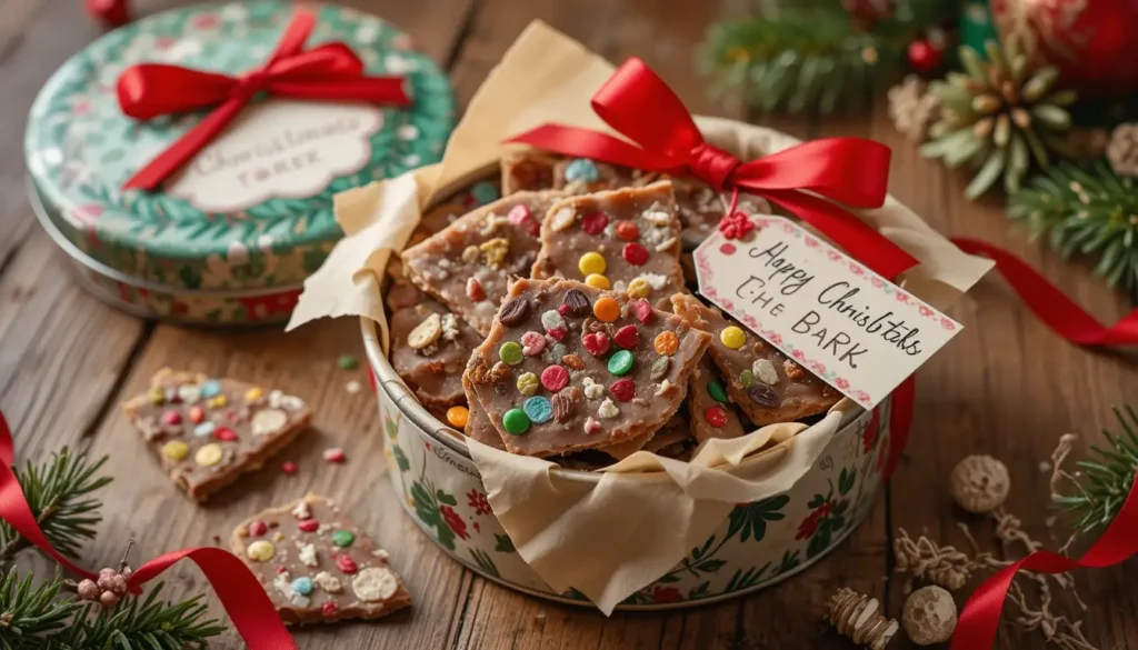 Festive gift-wrapped Christmas Bark Recipe in a holiday tin, perfect for sharing during Christmas.