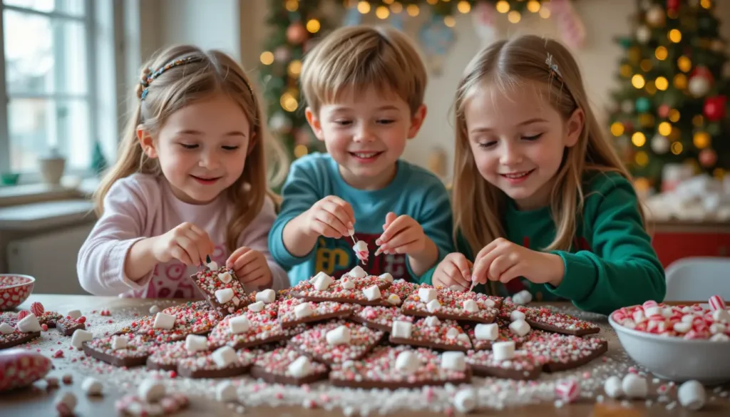  Children decorating Christmas Bark Recipe with sprinkles, marshmallows, and candy canes, enjoying a festive holiday activity.