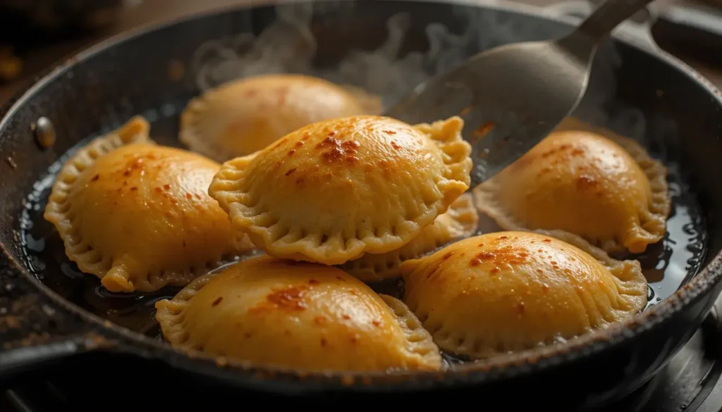Empanadas Venezolanas Recipe: How to Make Them Perfectly 4 Empanadas venezolanas frying in hot oil in a deep skillet.