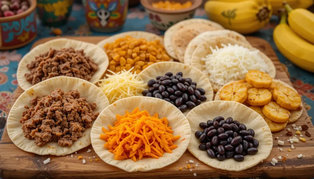 Empanadas Venezolanas Recipe: How to Make Them Perfectly 5 An array of empanada fillings including shredded beef, cheese, black beans, and plantains on a cutting board.