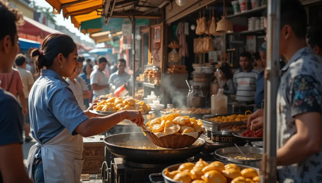 The Difference Between Colombian and Venezuelan Empanadas 6 A street vendor selling freshly made empanadas at a food stall in Colombia or Venezuela.