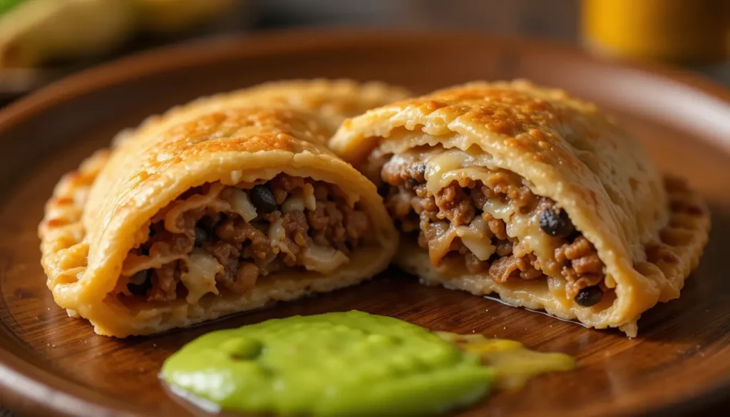 The Difference Between Colombian and Venezuelan Empanadas 5 A freshly made Venezuelan empanada, cut open to reveal shredded beef and melted cheese inside.