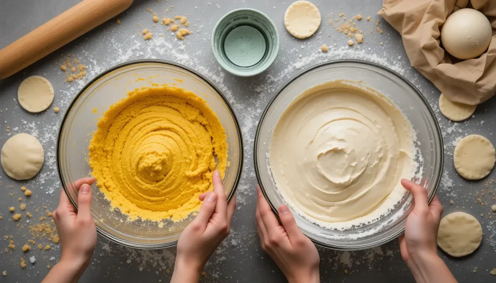 The Difference Between Colombian and Venezuelan Empanadas 4 Hands preparing empanada dough using cornmeal, showcasing the different textures of Colombian and Venezuelan dough.