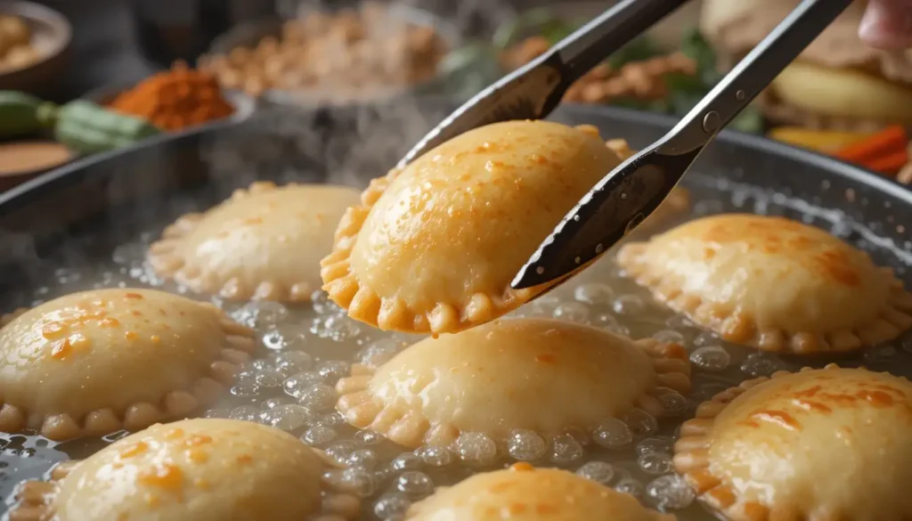 The difference between Spanish and Mexican empanadas 5 Mexican empanadas frying in hot oil, achieving a crispy golden-brown texture.