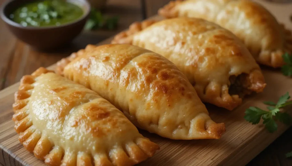 The Difference Between Argentina and Venezuela Empanadas 3 Traditional Argentine empanadas with a golden, flaky crust, arranged on a wooden board