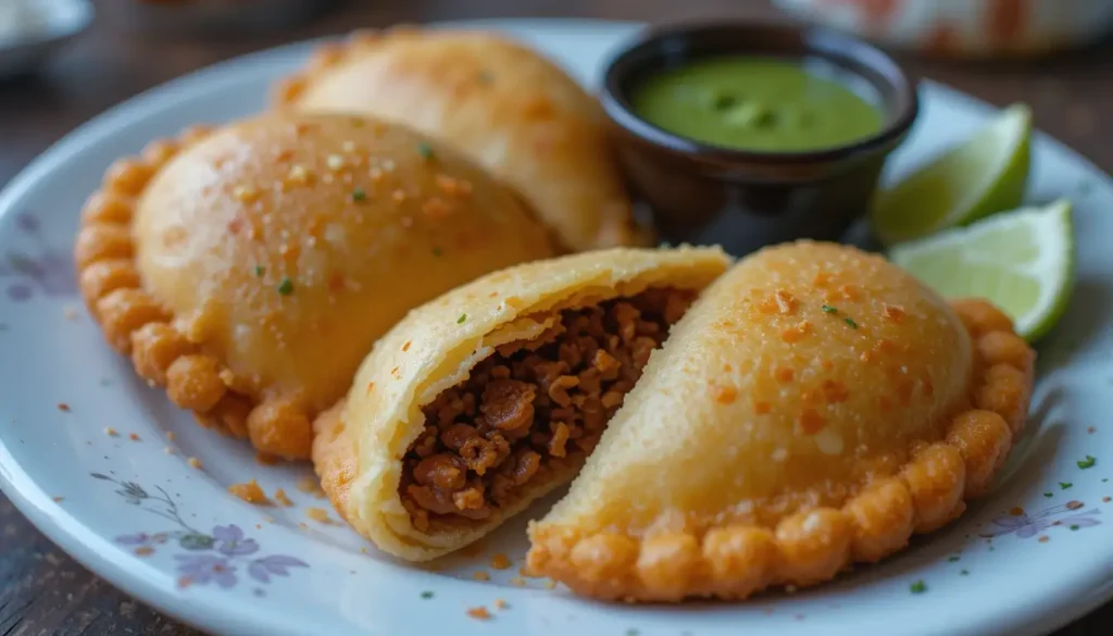 The Difference Between Argentina and Venezuela Empanadas 6 Crispy, fried Venezuelan empanadas with a golden-brown cornmeal crust, served with guasacaca sauce."