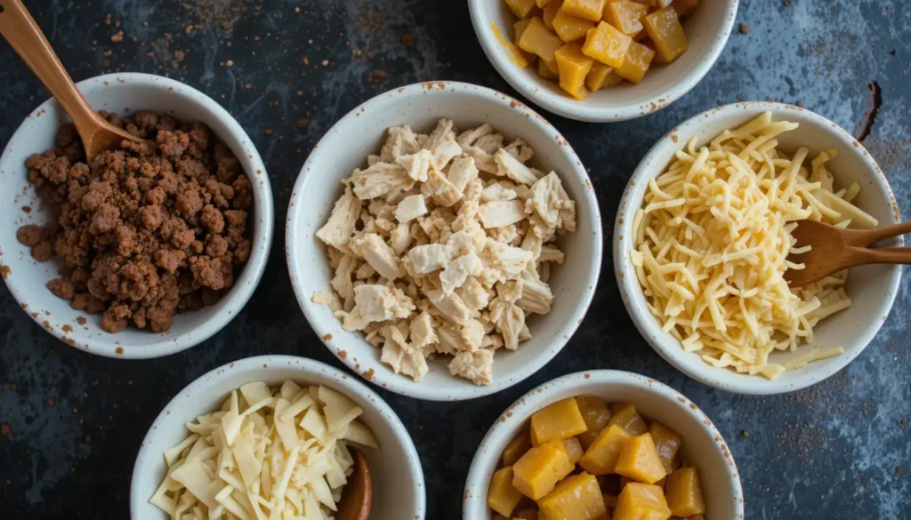 The Difference Between Argentina and Venezuela Empanadas 5 "A variety of empanada fillings, including beef, cheese, chicken, and plantains, displayed separately."