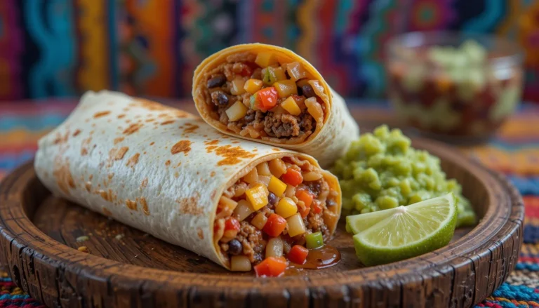 A traditional Mexican burrito filled with beans, carne asada, fresh vegetables, and wrapped in a warm flour tortilla.