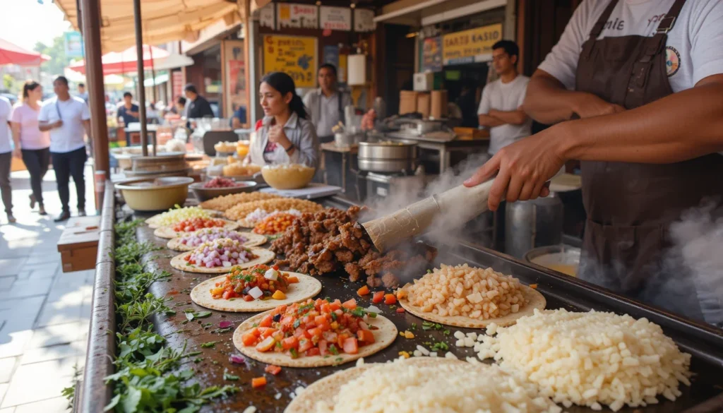 A street vendor in Mexico making burritos with simple, fresh ingredients at a market stall.
