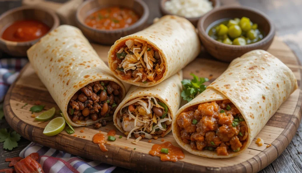 Different types of burritos from Northern Mexico, showcasing variations with beef, beans, and local spices.