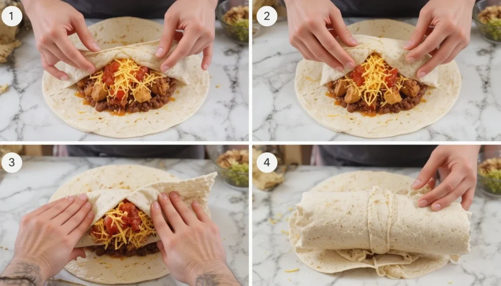  A step-by-step guide to wrapping a burrito, showing hands folding a tortilla around the fillings.