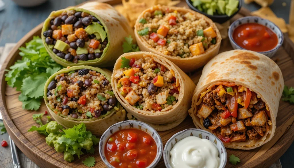 A variety of modern burritos, including vegetarian, vegan, and fusion-inspired options, arranged on a platter.