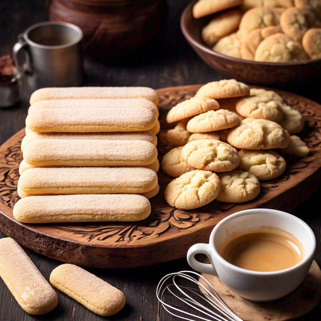 Side-by-side comparison of ladyfingers and shortbread cookies on a wooden board.