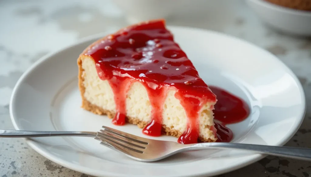  A strawberry cheesecake slice topped with fresh strawberries and a glossy strawberry glaze.