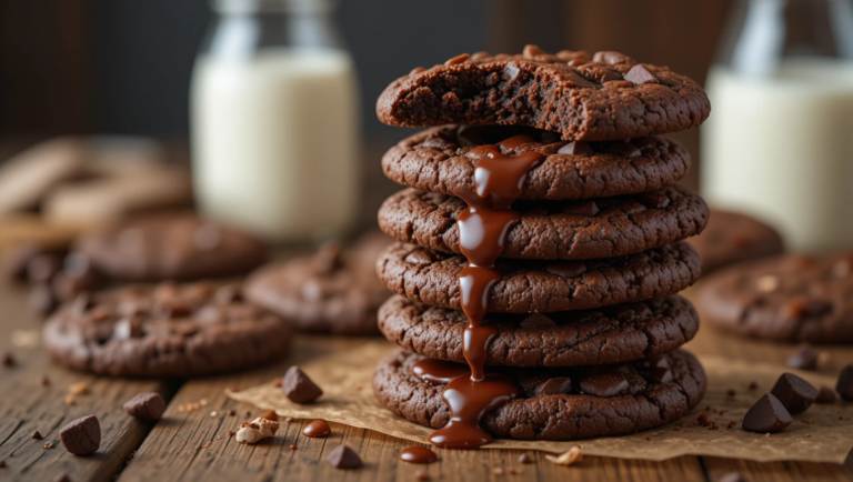 Freshly baked double chunk chocolate cookie with gooey melted chocolate on a rustic table.