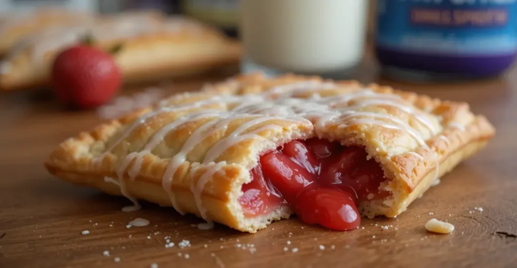 "High-protein pop-tart with strawberry filling on a wooden counter with a glass of milk."