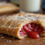 "High-protein pop-tart with strawberry filling on a wooden counter with a glass of milk."