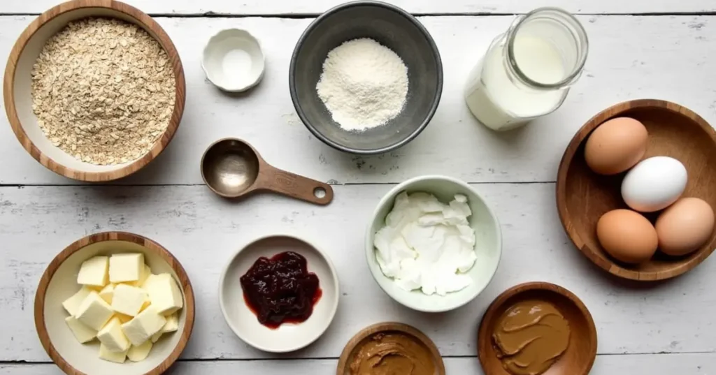 "Flat lay of ingredients for homemade protein pop-tarts, including oat flour, protein powder, and fruit preserves.