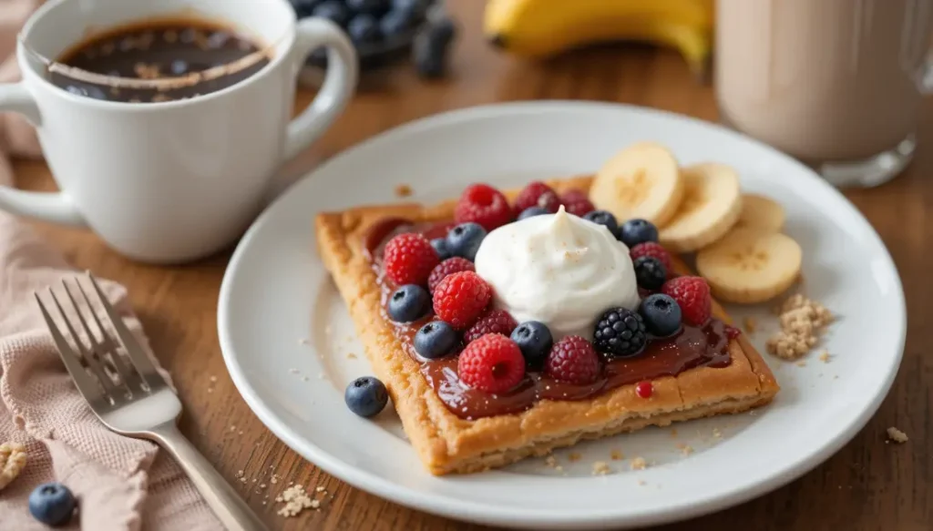 A serving of protein pop-tart topped with Greek yogurt and fresh berries, alongside a protein shake."