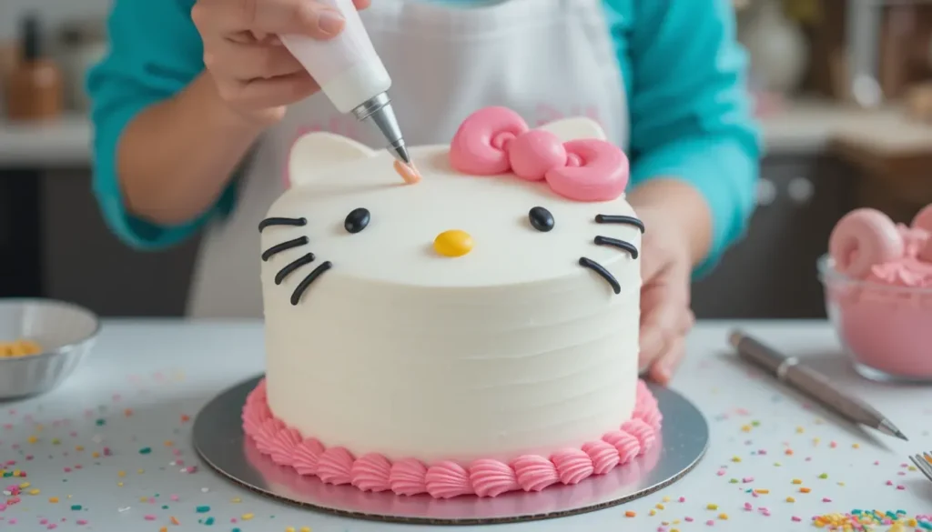 Make the Perfect Hello Kitty Cake: The Ultimate Baking Guide 3 A baker piping pink buttercream onto a Hello Kitty cake while adding final details like black whiskers and a yellow candy nose.
