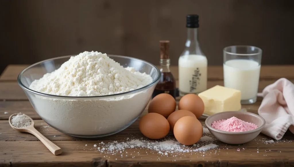 Make the Perfect Hello Kitty Cake: The Ultimate Baking Guide 2 Baking ingredients for a Hello Kitty cake, including flour, sugar, eggs, butter, milk, vanilla extract, and food coloring, neatly arranged on a wooden kitchen counter.