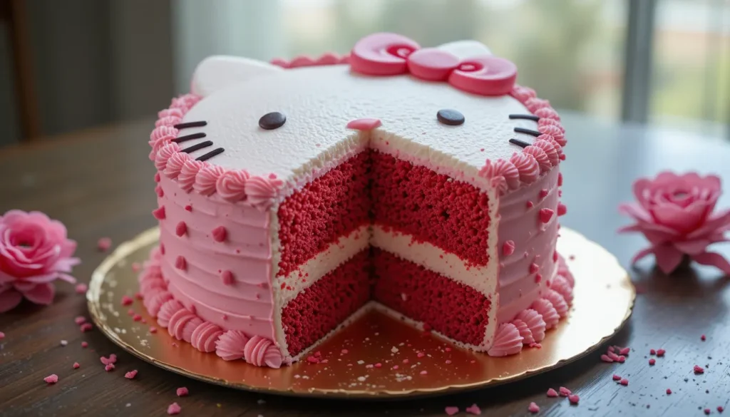 Make the Perfect Hello Kitty Cake: The Ultimate Baking Guide 4 A fully decorated Hello Kitty cake with a glossy fondant finish, placed on a party table with pink and white decorations, plates, and balloons.