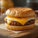 A freshly made Jimmy Dean-style breakfast sandwich with golden toasted English muffins, melted cheese, a juicy sausage patty, and a fluffy egg, served on a wooden cutting board with a cup of coffee in the background.