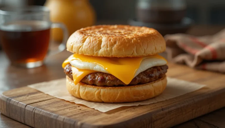 A freshly made Jimmy Dean-style breakfast sandwich with golden toasted English muffins, melted cheese, a juicy sausage patty, and a fluffy egg, served on a wooden cutting board with a cup of coffee in the background.