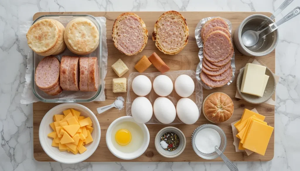  All ingredients for a homemade Jimmy Dean breakfast sandwich neatly arranged on a kitchen counter, including English muffins, sausage patties, eggs, cheese slices, butter, and seasonings.