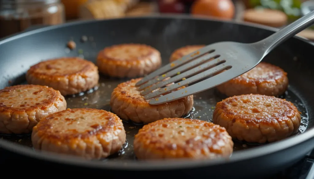 Sausage patties sizzling in a non-stick pan, with a spatula pressing one down slightly for even cooking.