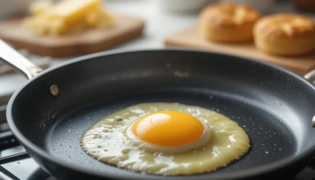 A round, perfectly cooked egg in a non-stick pan, using an egg ring mold for a neat shape, with a spatula ready to flip it.