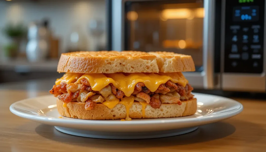 A freshly microwaved sandwich on a plate, with a golden-brown texture, next to a microwave