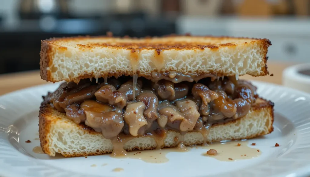 A close-up of a poorly microwaved sandwich on a plate. The bread is visibly soggy, with steam making it look damp. Some parts are overheated and slightly burnt, while the inside is cold. A disappointed expression or reaction emoji is subtly included to add humor. Soft kitchen background.