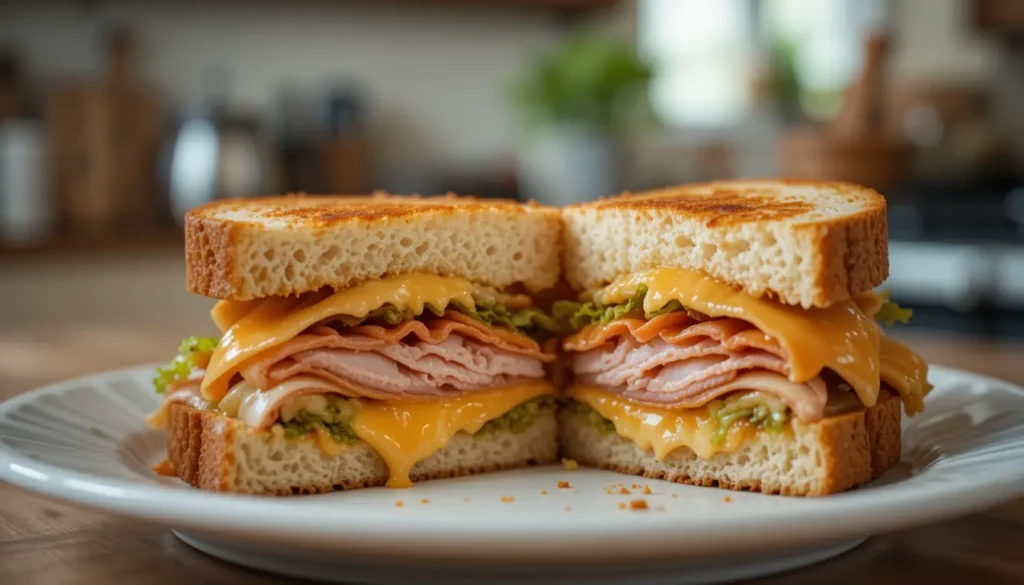 A close-up of a perfectly microwaved sandwich, cut in half, sitting on a plate. The cheese is melted, the bread is golden and slightly crispy, and the fillings (turkey, ham, or vegetables) look fresh and evenly heated. A blurred background of a cozy kitchen adds warmth to the image. High-quality food photography.