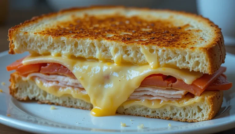 A golden, melted cheese sandwich with layers of turkey and tomato, served on a plate. The cheese is slightly oozing, and the bread looks lightly toasted.