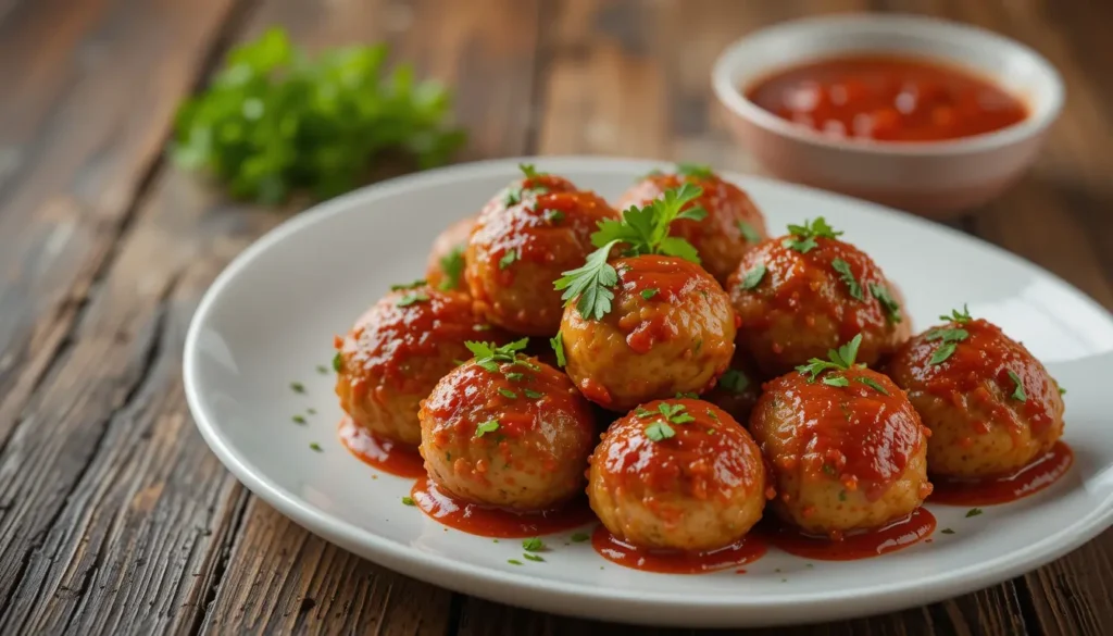 A plate of Costco chicken meatballs garnished with parsley, served with marinara sauce on a rustic wooden table.