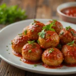 A plate of Costco chicken meatballs garnished with parsley, served with marinara sauce on a rustic wooden table.