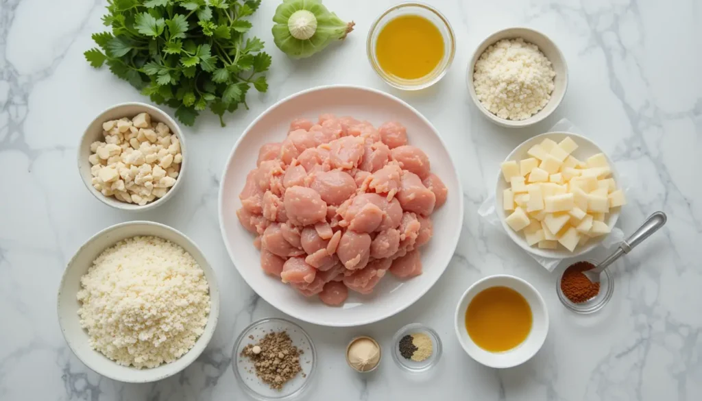 Flat lay image of Costco chicken meatballs' ingredients, including ground chicken, breadcrumbs, Parmesan cheese, garlic, and spices