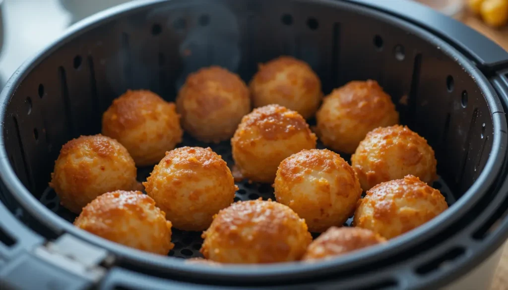 Close-up of chicken meatballs being cooked in an air fryer, showing a crispy golden-brown exterior.