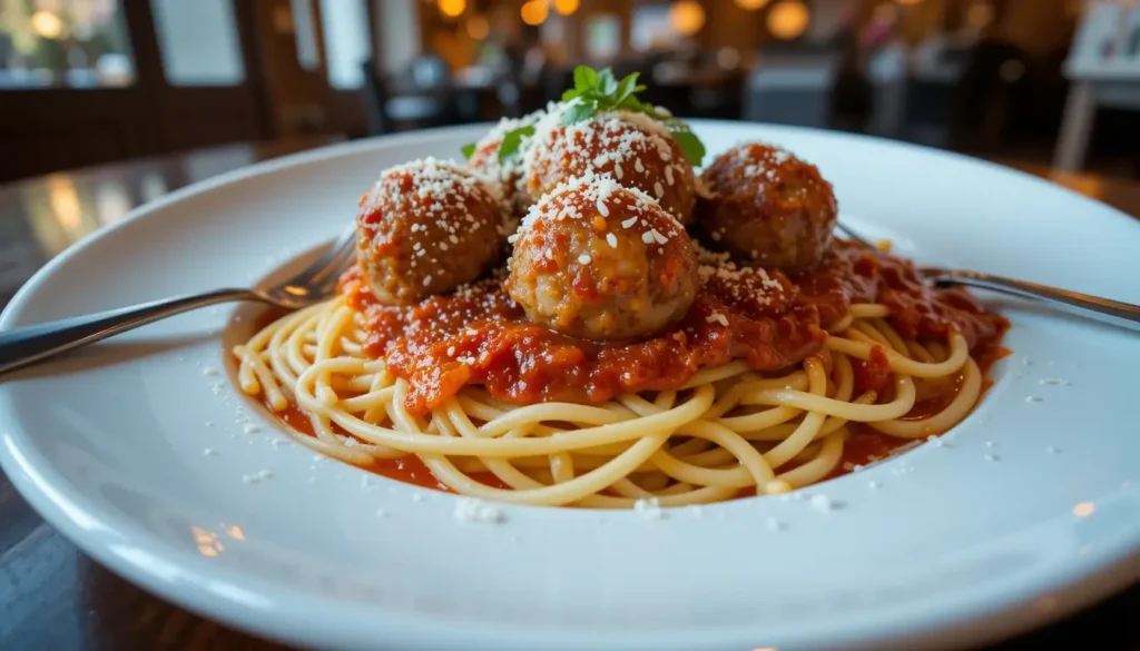 A beautifully plated spaghetti dish with Costco chicken meatballs, topped with rich marinara sauce and freshly grated Parmesan cheese. Served on a white ceramic plate with a fork on the side, against a softly lit Italian-style restaurant background