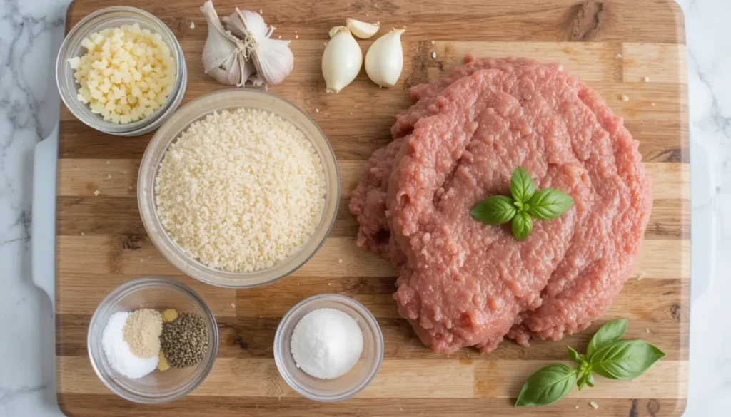 Raw ingredients for Costco chicken meatballs, including chicken, breadcrumbs, Parmesan cheese, garlic, onion powder, and herbs