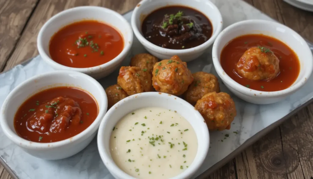 A serving platter with Costco chicken meatballs, each bowl filled with different sauces - marinara, barbecue, teriyaki, and sweet & sour. The meatballs are glossy, garnished with chopped herbs, and served on a rustic wooden table