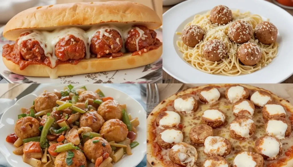 Various meal ideas featuring Costco chicken meatballs, including a sub sandwich, spaghetti, stir-fry, and pizza.