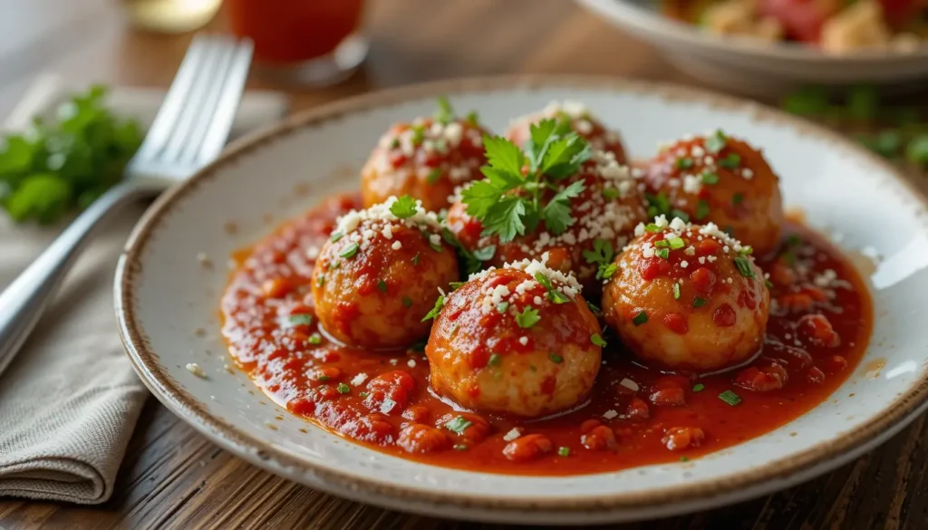 "Delicious Costco chicken meatballs served with marinara sauce and garnished with fresh herbs on a plate.