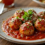 "Delicious Costco chicken meatballs served with marinara sauce and garnished with fresh herbs on a plate.