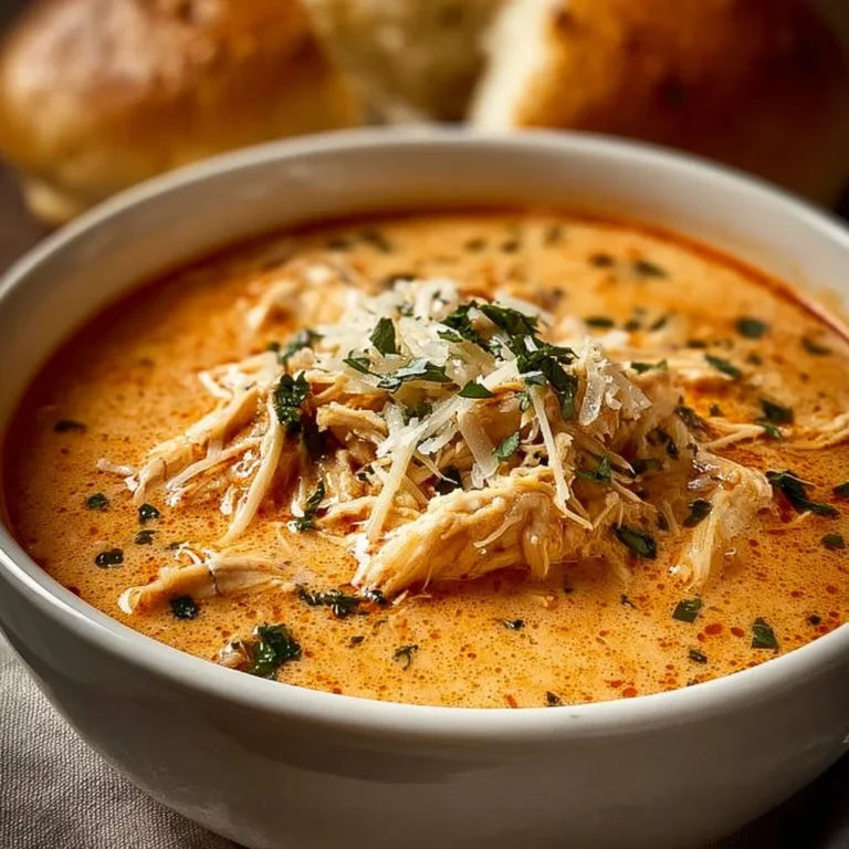 Bowl of Crock Pot Creamy Chicken Parmesan Soup topped with herbs and cheese