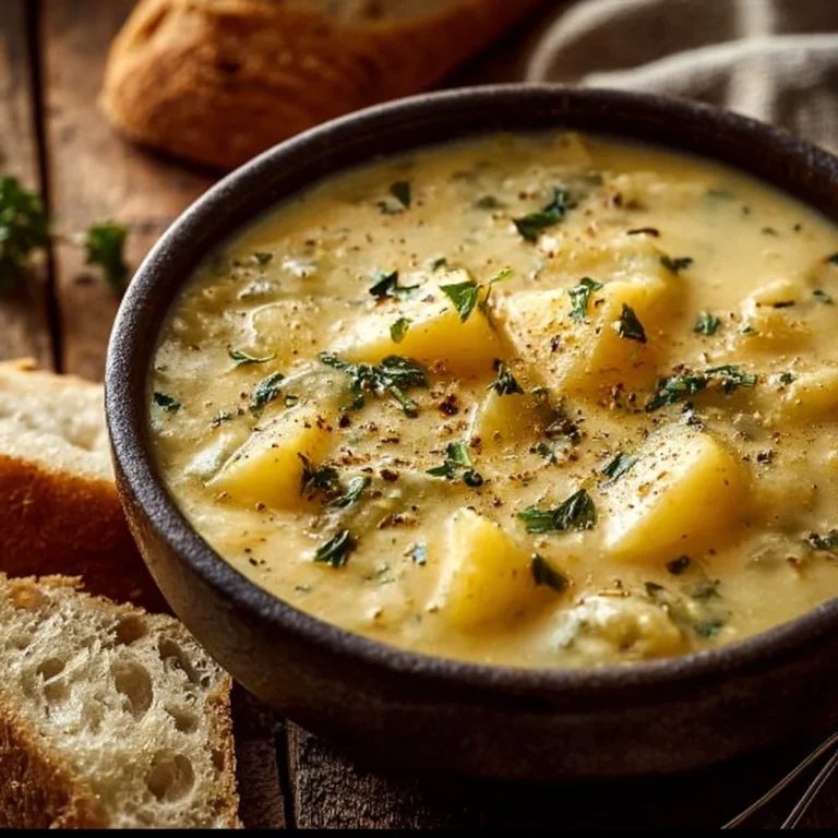 Hearty Cheddar Garlic Herb Potato Soup Recipe 4 Bowl of hearty cheddar garlic herb potato soup topped with herbs and cheese