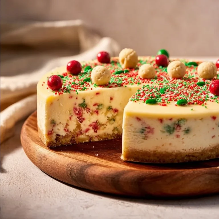 Delicious Sugar Cookie Cheesecake with a creamy topping and cookie crust