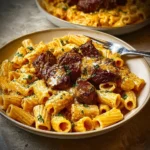 Cajun steak tips with cheesy rigatoni served on a plate