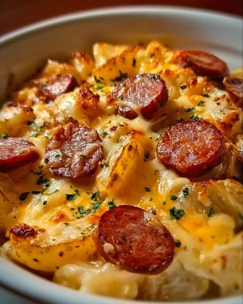 Cheesy ranch potatoes with smoked sausage on a plate, garnished with herbs.